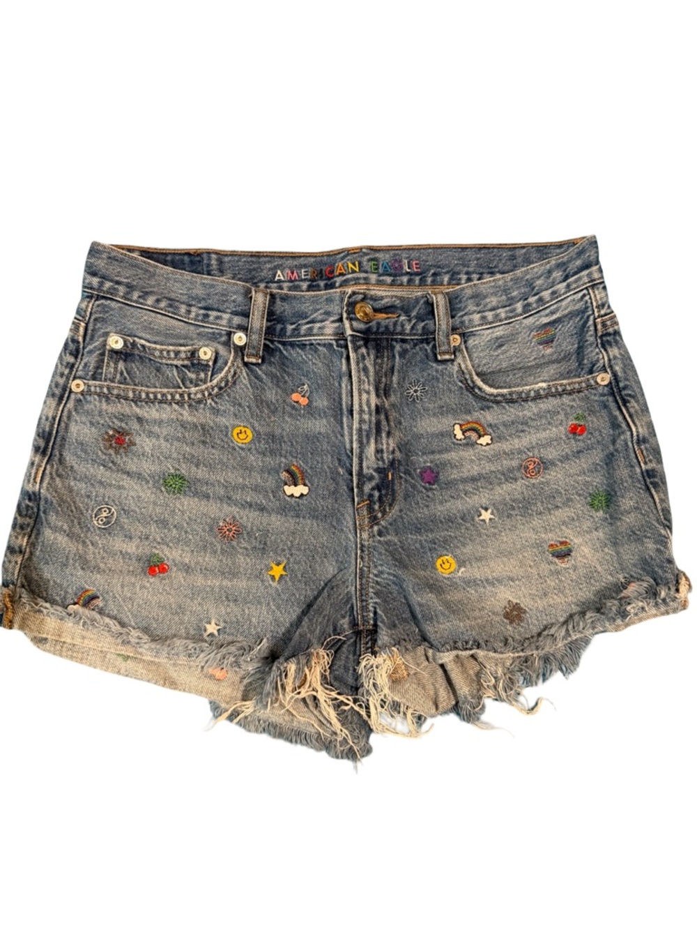 American Eagle Embroidered Boyfriend Denim Shorts Sz 6 Rainbow cutoffs